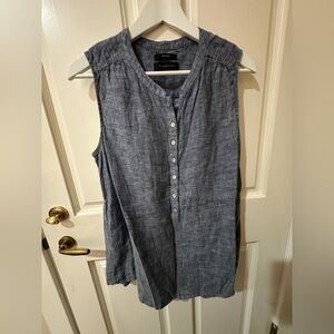 TAHARI 100% Linen Top Blouse Sleeveless Button-Down Women’s Medium in Blue Gray